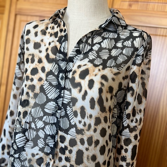 ASOS Small Size 4 Sheer Leopard Polka Dot Mixed Media Long Sleeve Blouse - Picture 4 of 8